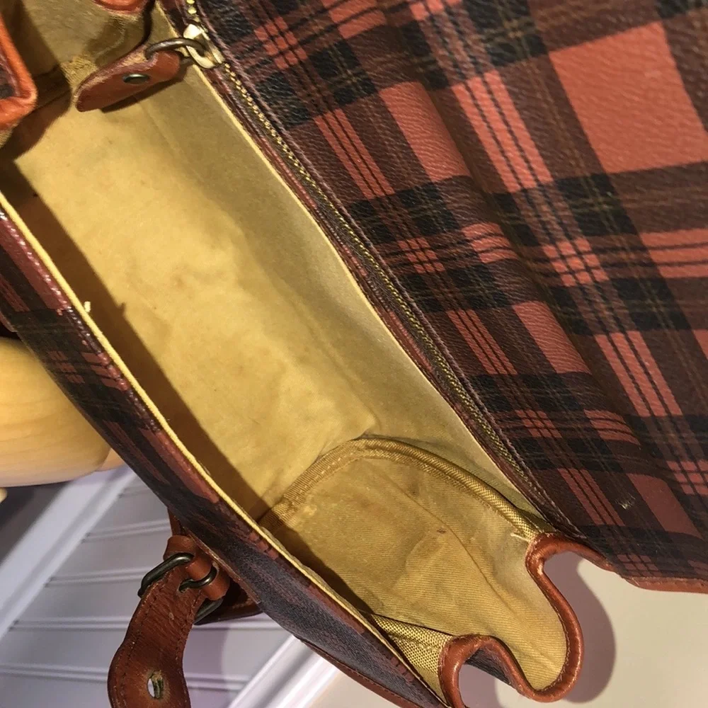 RALPH LAUREN Brown Green Tartan Plaid Rolled Body Crossbody Messenger SaddleBag